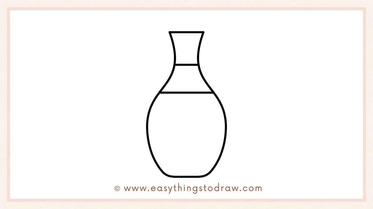 Step 4 of a step-by-step valentines day vase sketch – Drawing horizontal lines for the neck and middle sections to add detail.