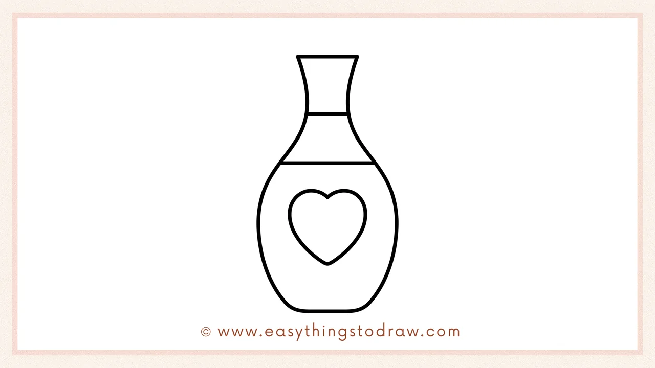 Step 5 of easy valentines day vase drawing steps – Drawing a simple heart shape in the center of the vase body.