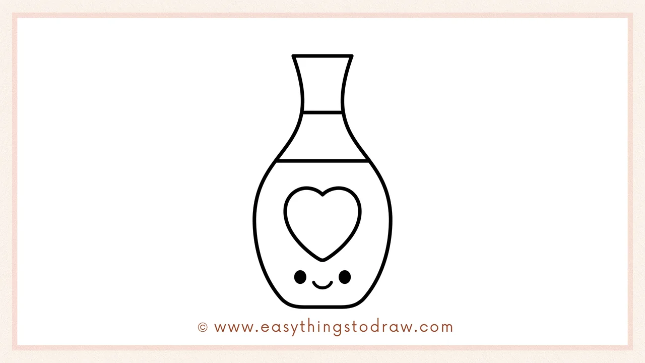 Step 6 of a simple valentines day vase drawing tutorial – Adding two dot eyes and a curved smile below the heart to finish the cute face.