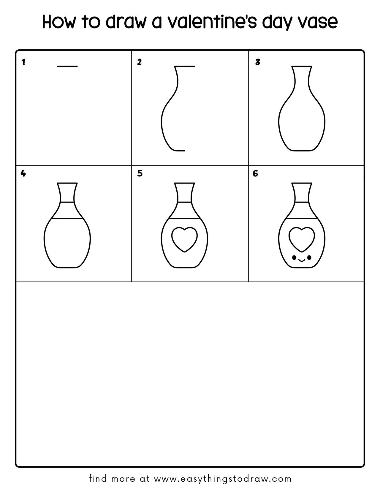 Step-by-step drawing tutorial showing how to draw a cute Valentine's Day vase in 6 easy steps for kids and beginners.