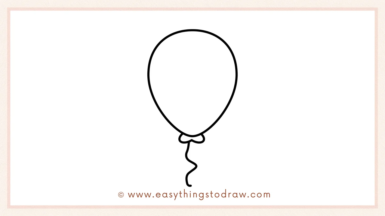 Step 4 of a step-by-step balloon sketch – Drawing a single wiggly, curly line down from the knot to create the string.