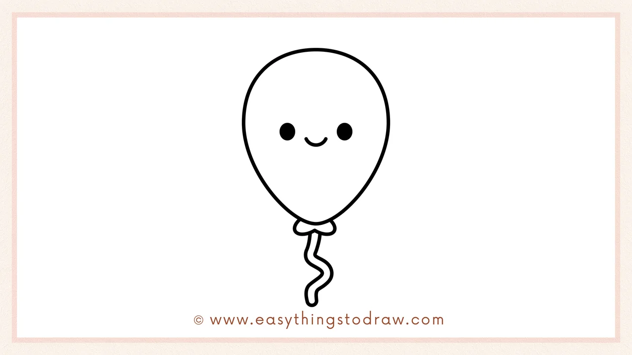 Step 6 of a simple balloon drawing tutorial – Adding a cute cartoon face with two round eyes and a smile.
