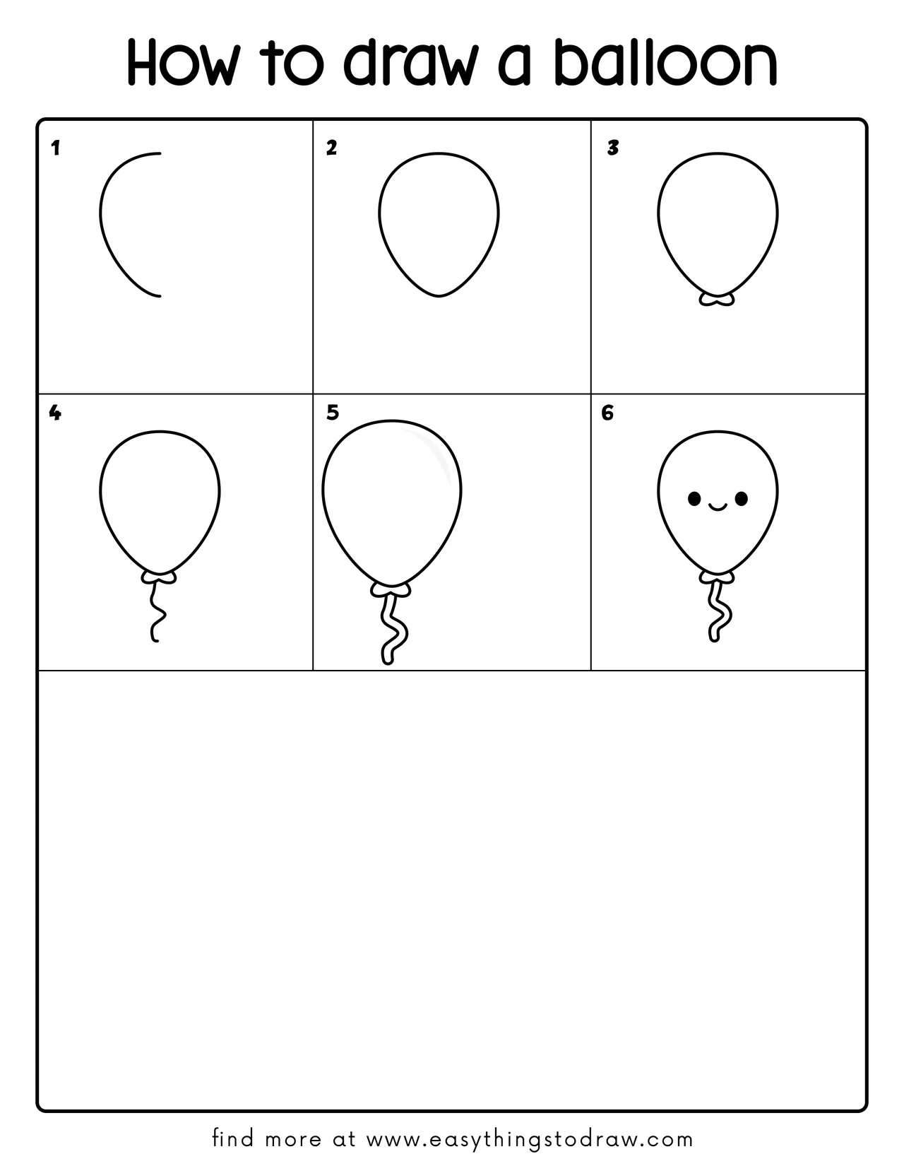 Step-by-step drawing tutorial showing how to draw a cute balloon in 6 easy steps for kids and beginners.