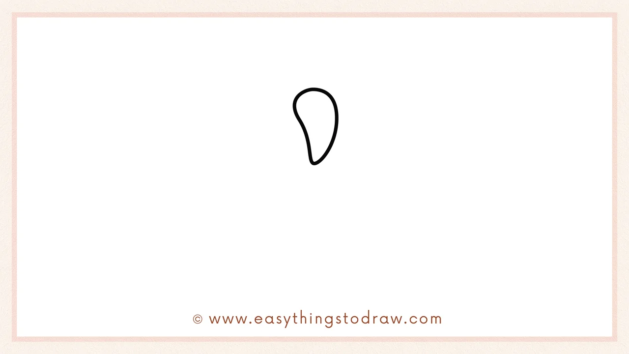 Step 1 of how to draw a chocolate strawberry – Drawing a small teardrop-shaped leaf pointing down for the top of the strawberry.