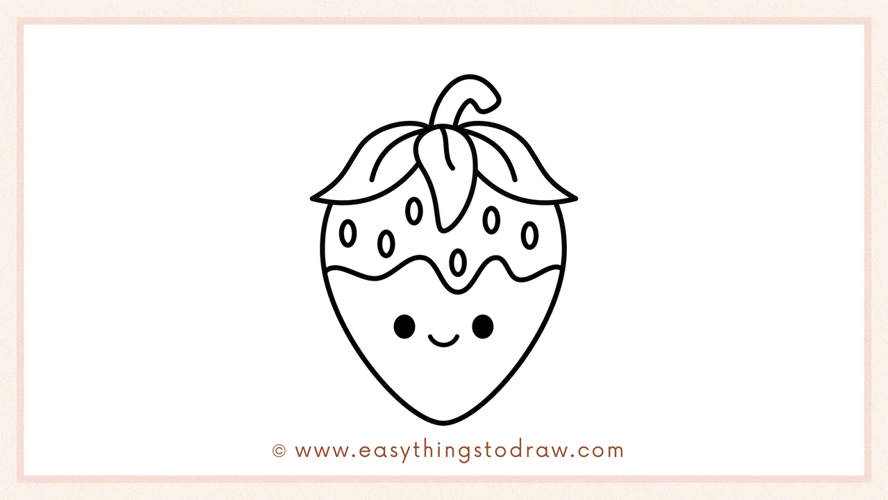 Step 6 of a simple chocolate strawberry drawing tutorial – Drawing two dot eyes and a smiling mouth on the chocolate part.