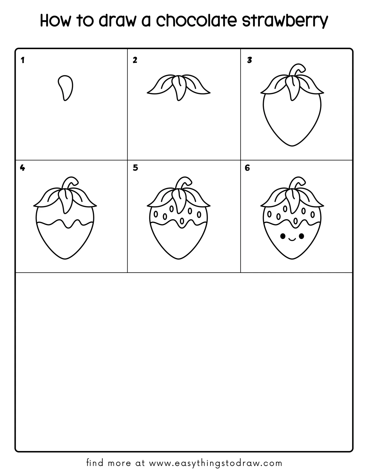 Step-by-step drawing tutorial showing how to draw a cute chocolate strawberry in 6 steps for kids and beginners.