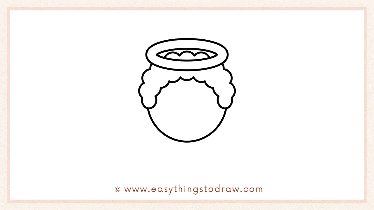 Step 2 of drawing a cupid – Add a circle below the halo for the head and draw fluffy curves for curly hair.
