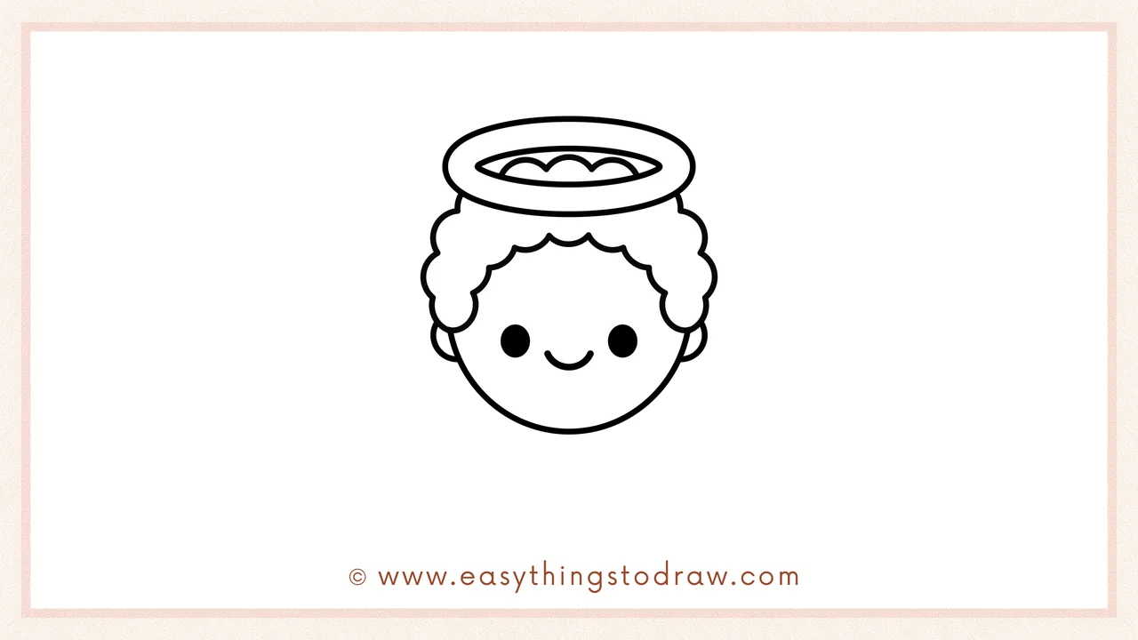 Step 3 of sketching a cupid for beginners – Draw two simple dot eyes and a small smiling mouth inside the head.