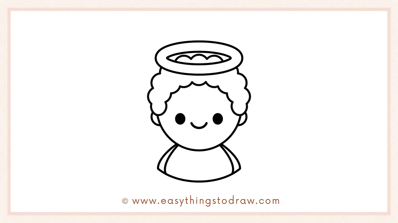 Step 4 of a step-by-step cupid sketch – Sketch a rounded triangular shape underneath the head to form the body.