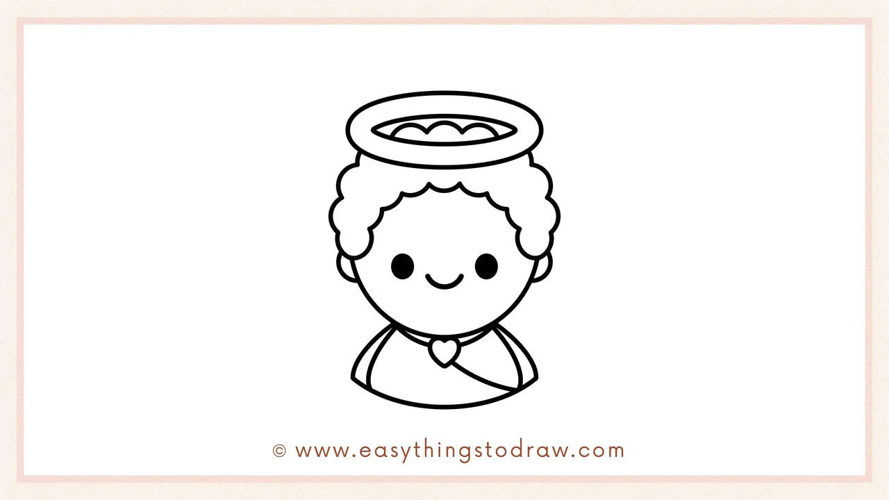 Step 5 of easy cupid drawing steps – Add a sash across the body and a small heart pendant in the middle.