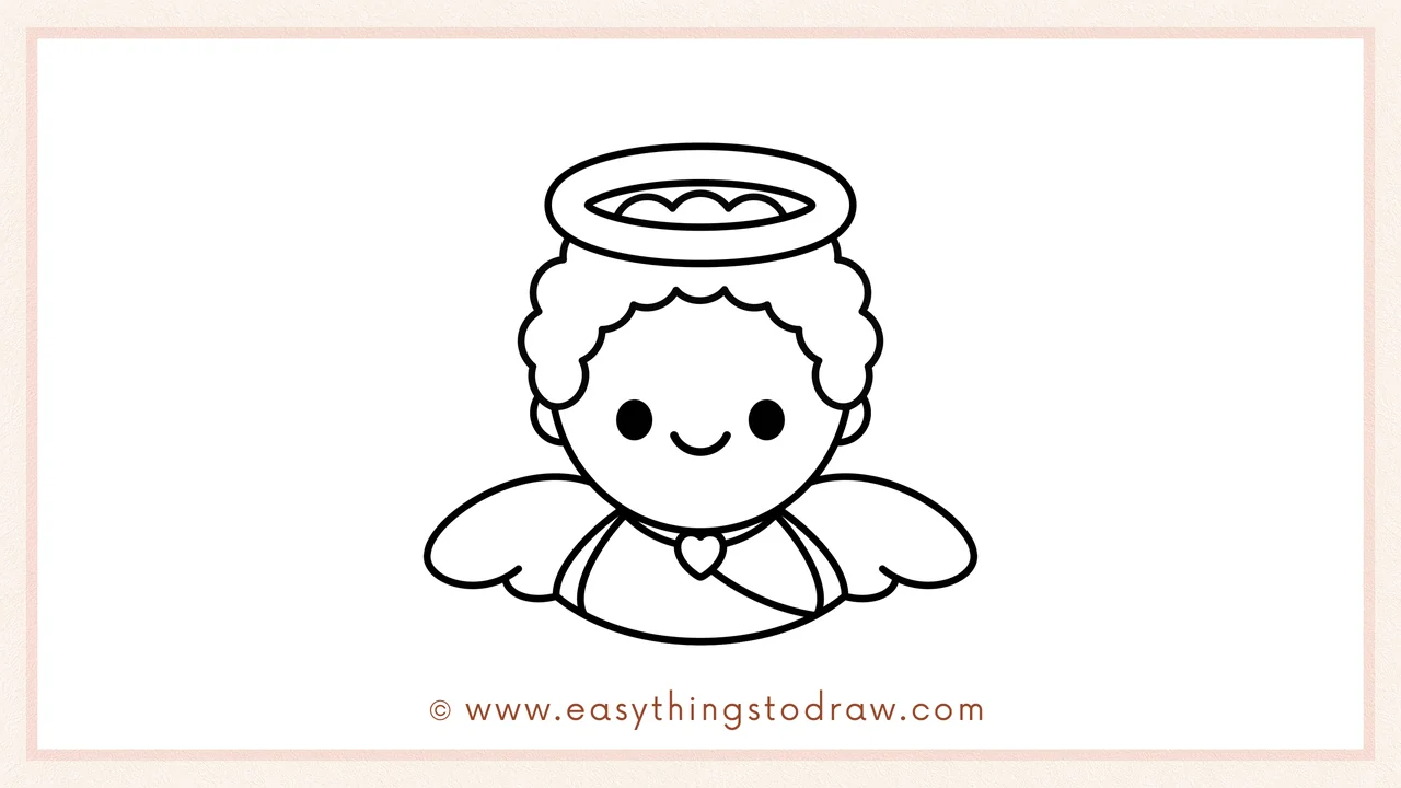 Step 6 of a simple cupid drawing tutorial – Complete the drawing by adding a curved wing on each side of the body.