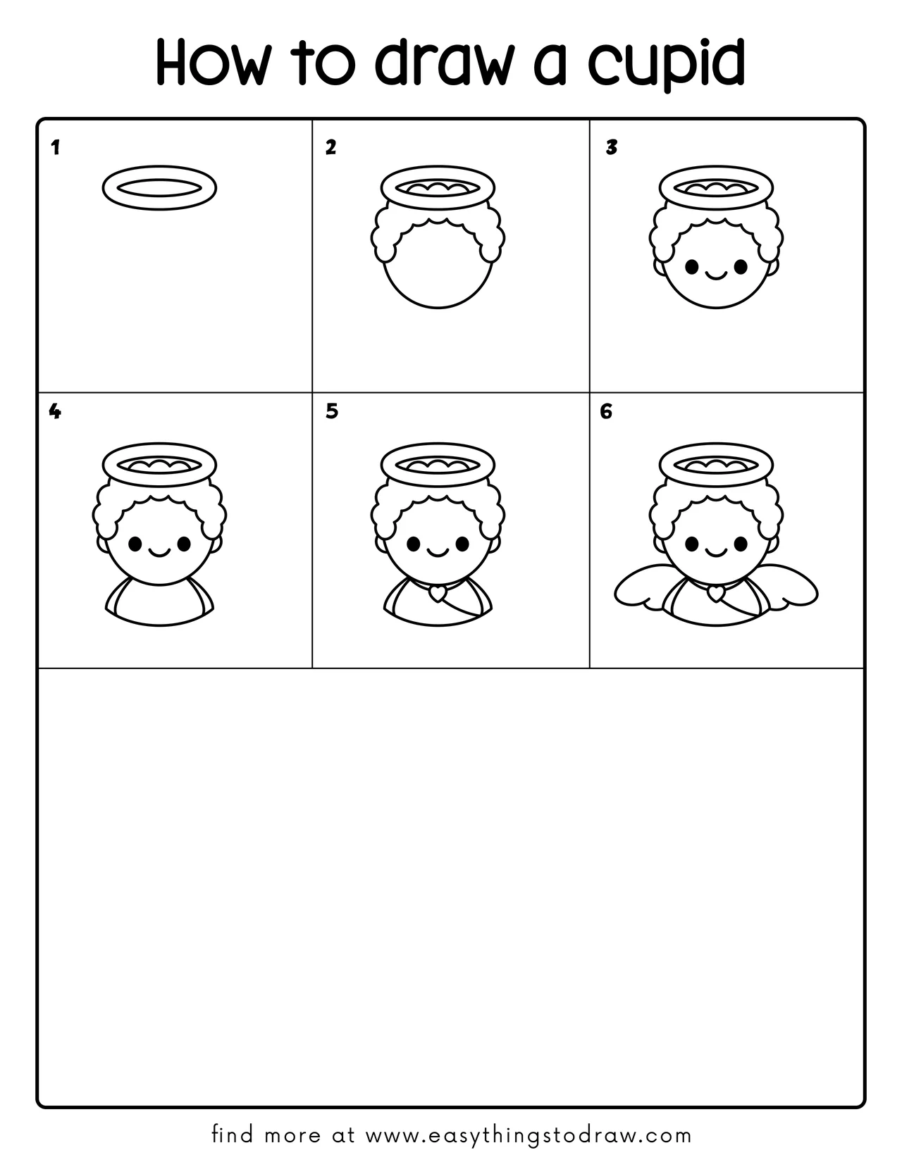 Step-by-step drawing tutorial showing how to draw a cute cupid in 6 easy steps for kids and beginners.