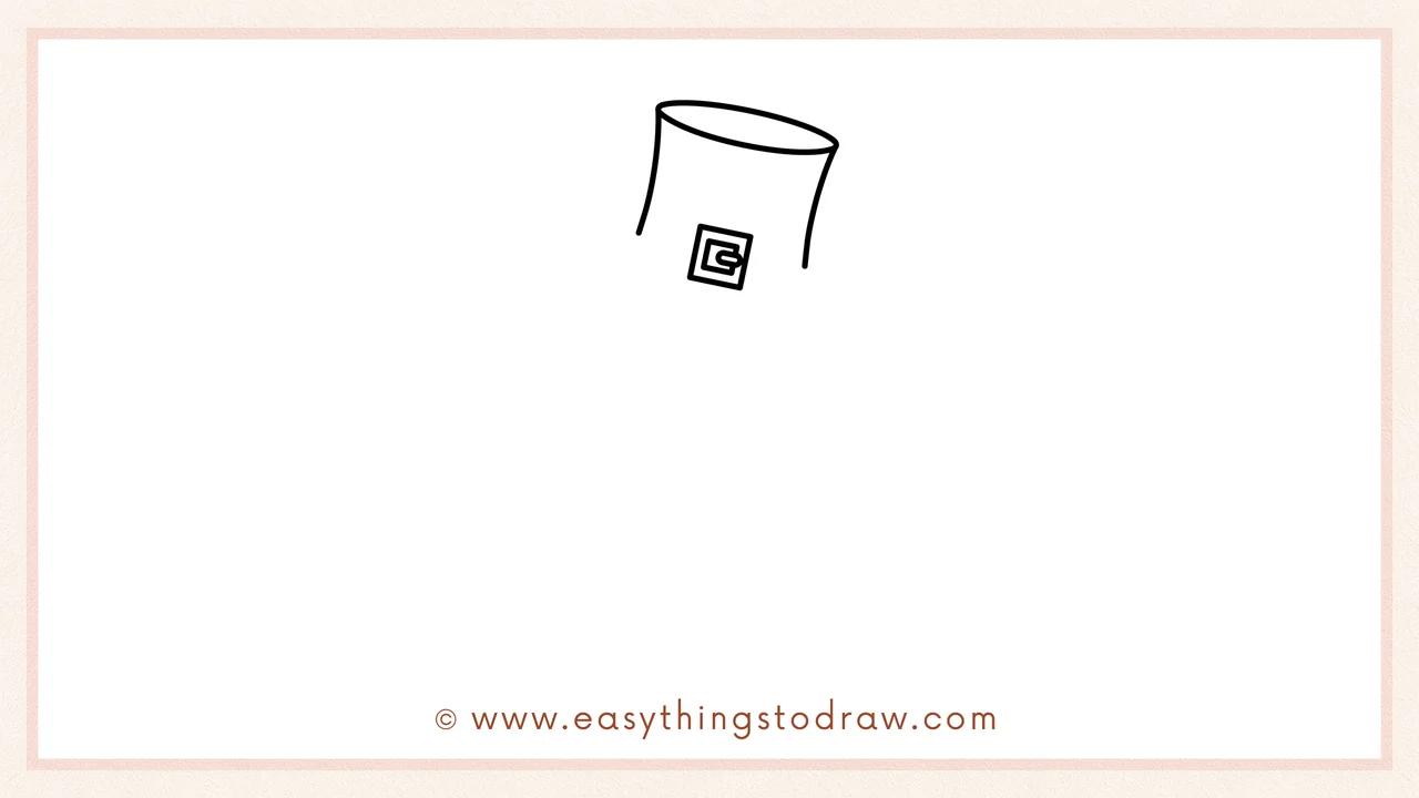 Step 1 of how to draw a leprechaun – Drawing a tall, curved rectangle for the hat with a small buckle on the front.