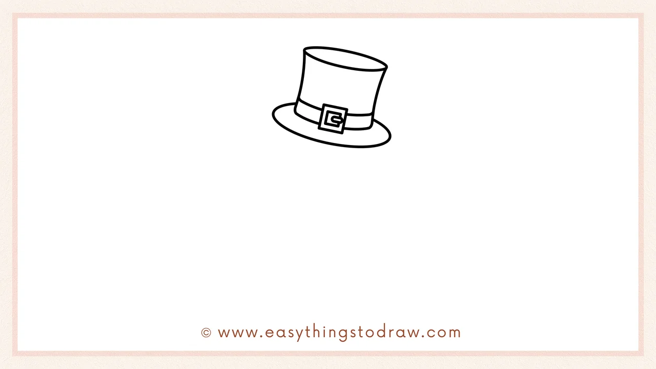 Step 2 of drawing a leprechaun – Adding a wide, flat oval for the brim underneath the tall part of the hat.
