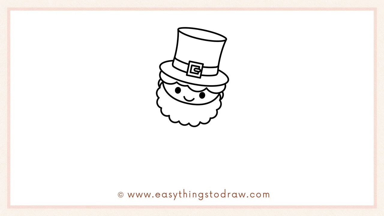 Step 3 of sketching a leprechaun for beginners – Sketching the leprechaun's round face, dot eyes, smile, and fluffy beard.