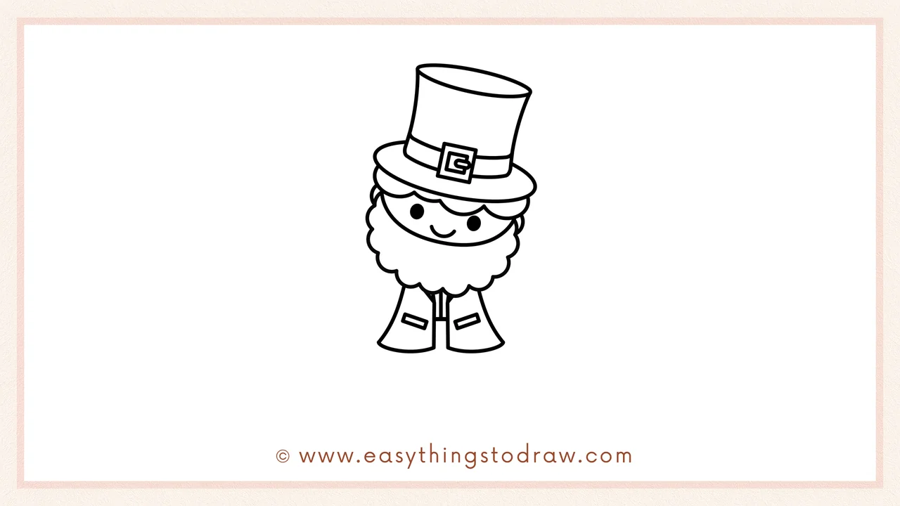 Step 4 of a step-by-step leprechaun sketch – Drawing the body with two long, curved jacket shapes that flare at the bottom.