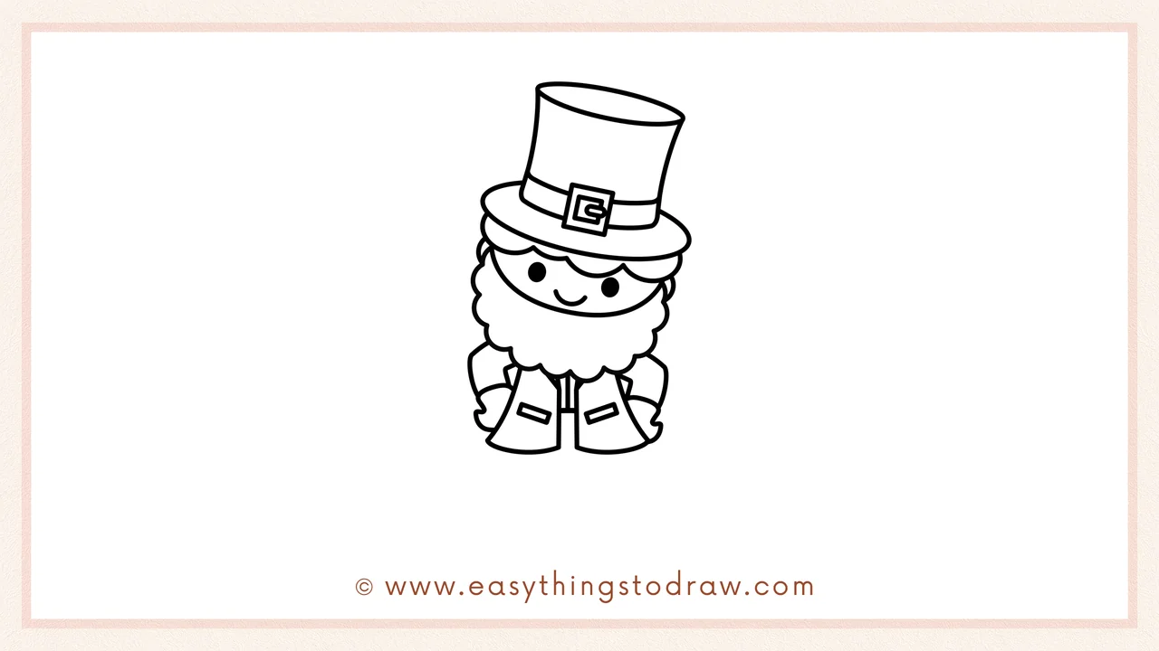 Step 5 of easy leprechaun drawing steps – Adding two curved arms on each side of the body, with hands near the beard.