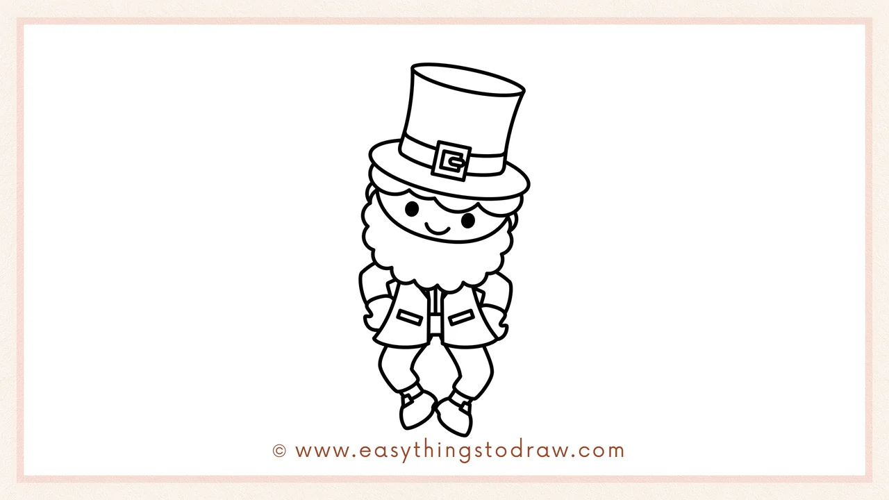 Step 6 of a simple leprechaun drawing tutorial – Completing the drawing with two bent legs and pointy shoes to show a dancing jig.