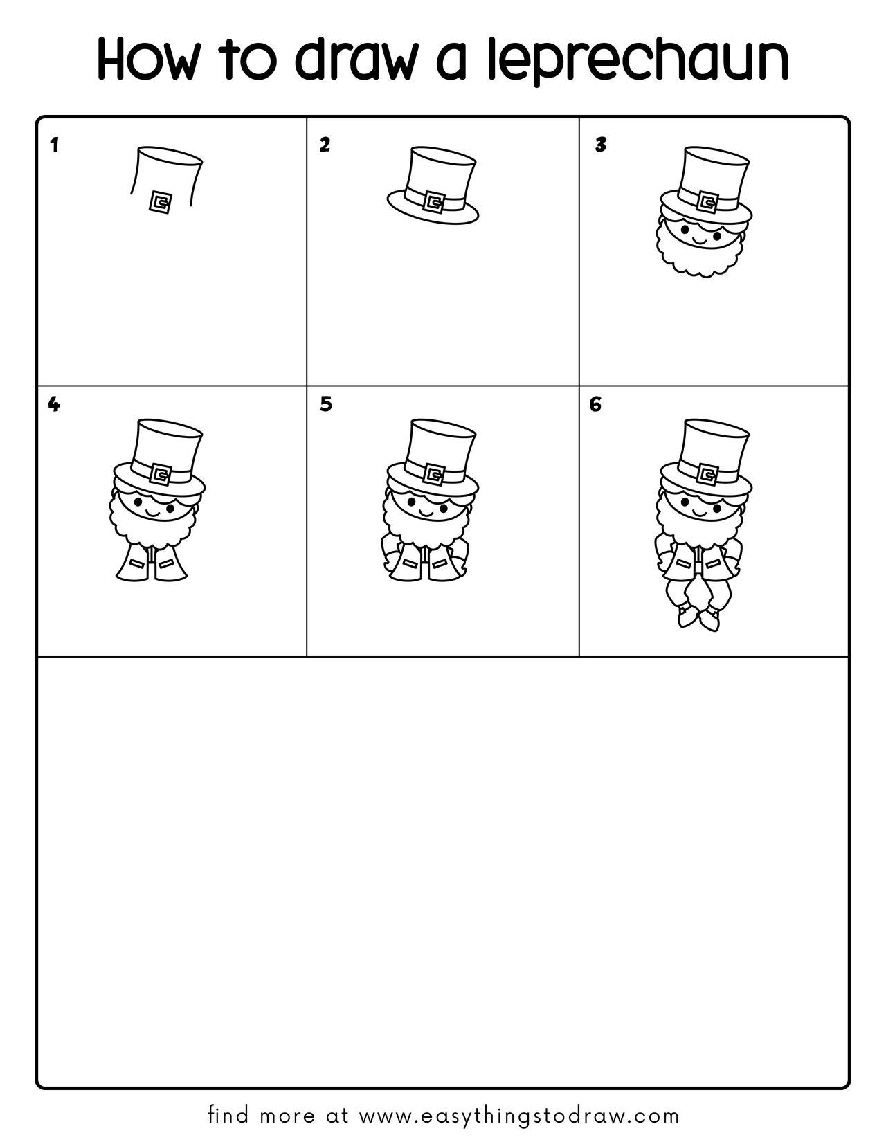 Step-by-step drawing tutorial showing how to draw a cute leprechaun in 6 easy steps for kids and beginners.
