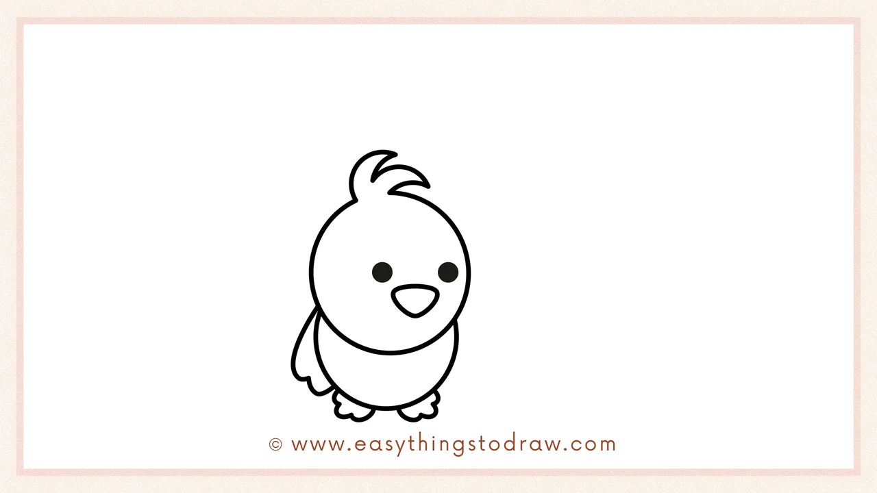 Step 3 of sketching a love birds for beginners – adding two curved wings on the sides and two small bumpy feet at the bottom.