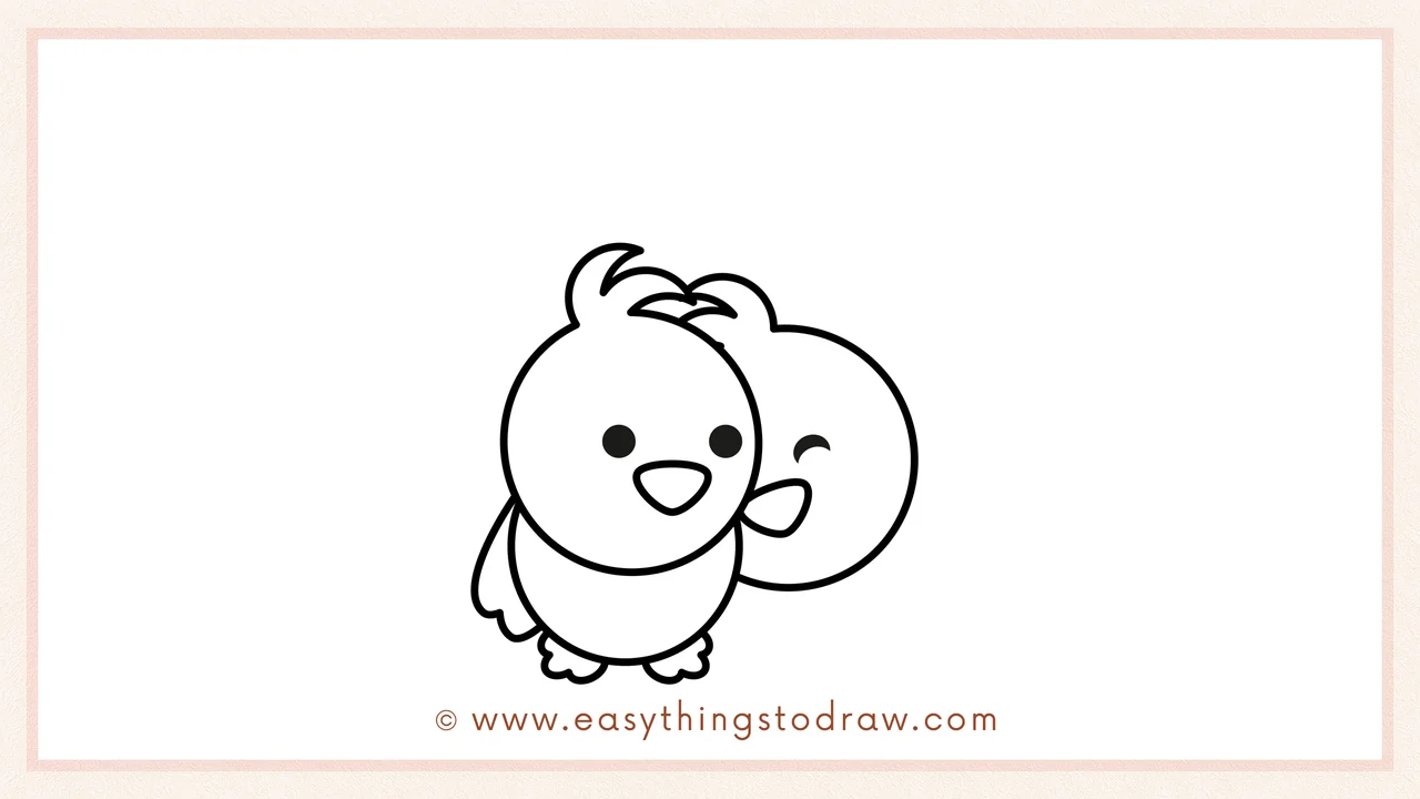 Step 4 of step-by-step love birds sketch – drawing another circle behind the first bird for the second bird's head with a smiling eye.