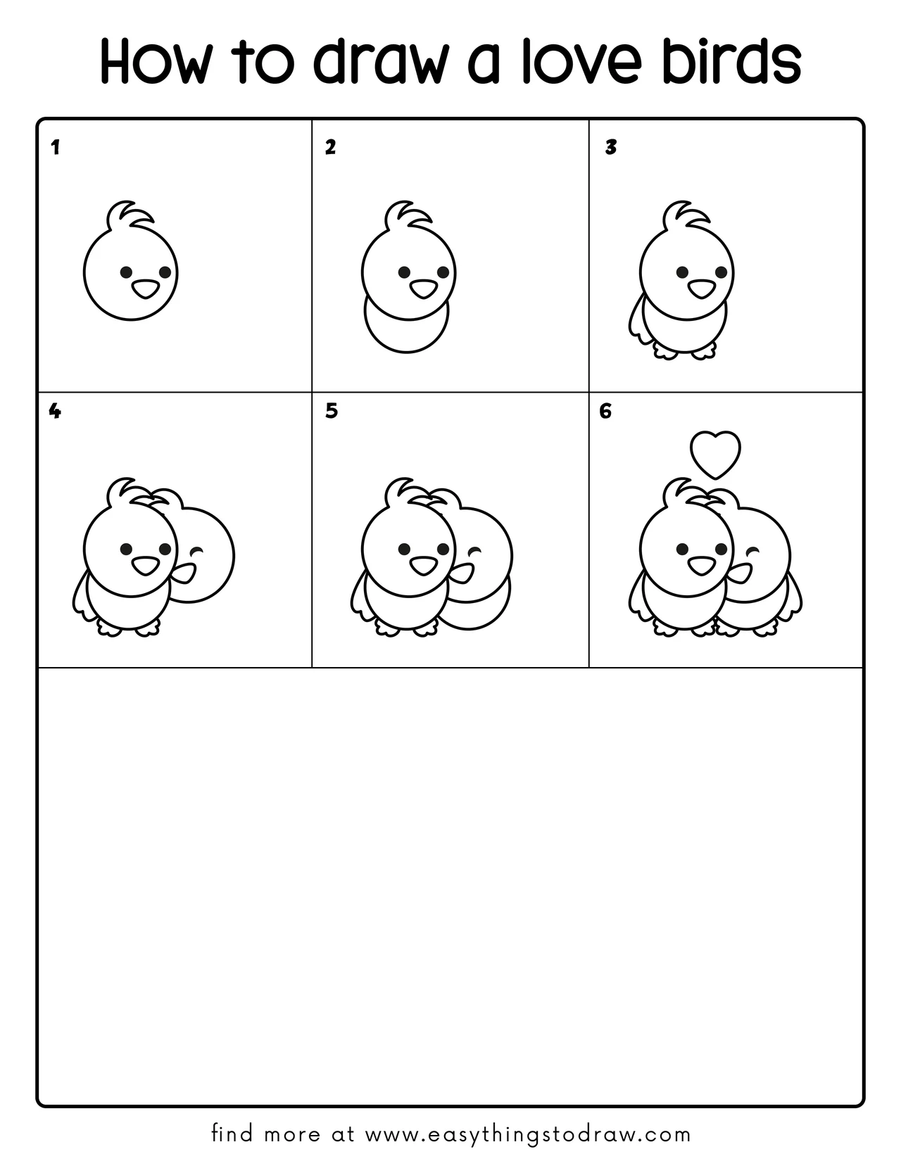 Step-by-step drawing tutorial showing how to draw two cute love birds in 6 easy steps, perfect for kids and beginners.