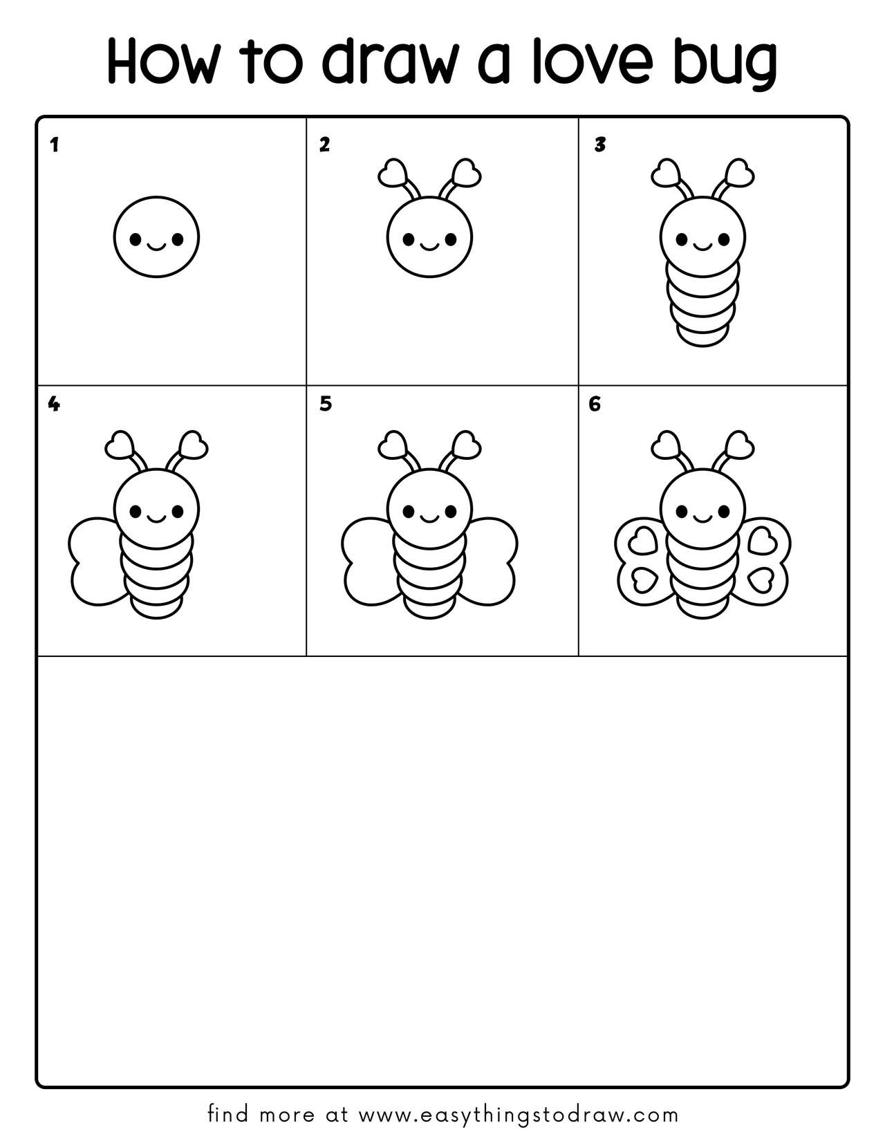 Step-by-step drawing tutorial showing how to draw a cute love bug in 6 easy steps, perfect for kids and beginners.