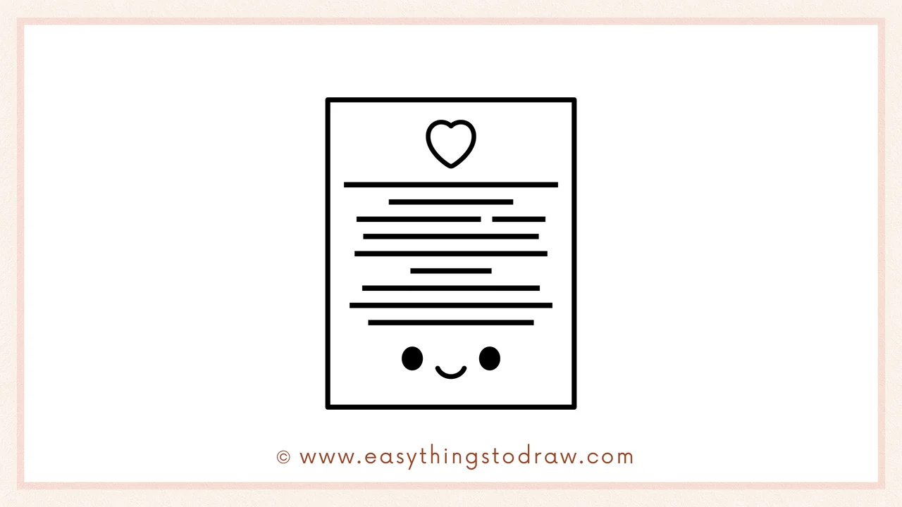 Step 6 of a simple love letter drawing tutorial – Finishing the drawing by adding two dots for eyes and a curve for a happy smile at the bottom.