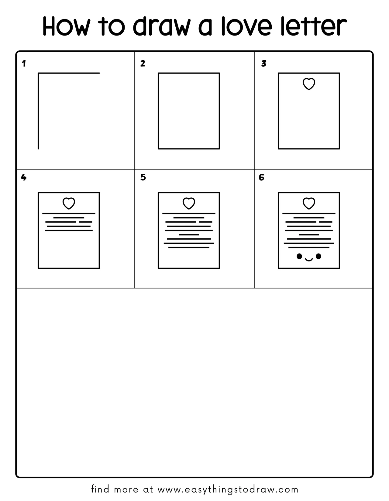 Step-by-step drawing tutorial showing how to draw a cute love letter in 6 easy steps for kids and beginners.