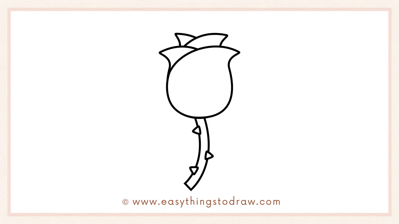 Step 4 of a step-by-step rose sketch – Sketch a long curved line for the stem and add three small triangles for thorns.