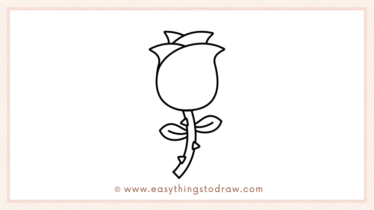 Step 5 of easy rose drawing steps – Add an almond-shaped leaf with a center line on each side of the stem.