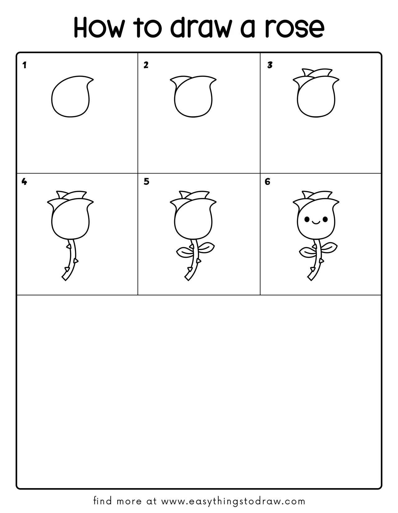 Step-by-step drawing tutorial showing how to draw a cute cartoon rose in 6 easy steps for kids and beginners.