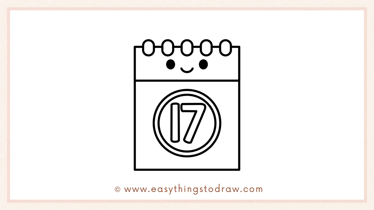 Step 6 of a simple st patricks day calendar drawing tutorial – Adding a cute smiley face with two eyes and a mouth in the top header section.