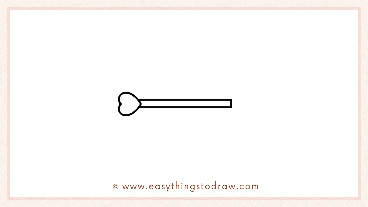 Step 2 of drawing a valentines bow and arrow – Adding two long, parallel lines extending from the heart to form the arrow shaft.
