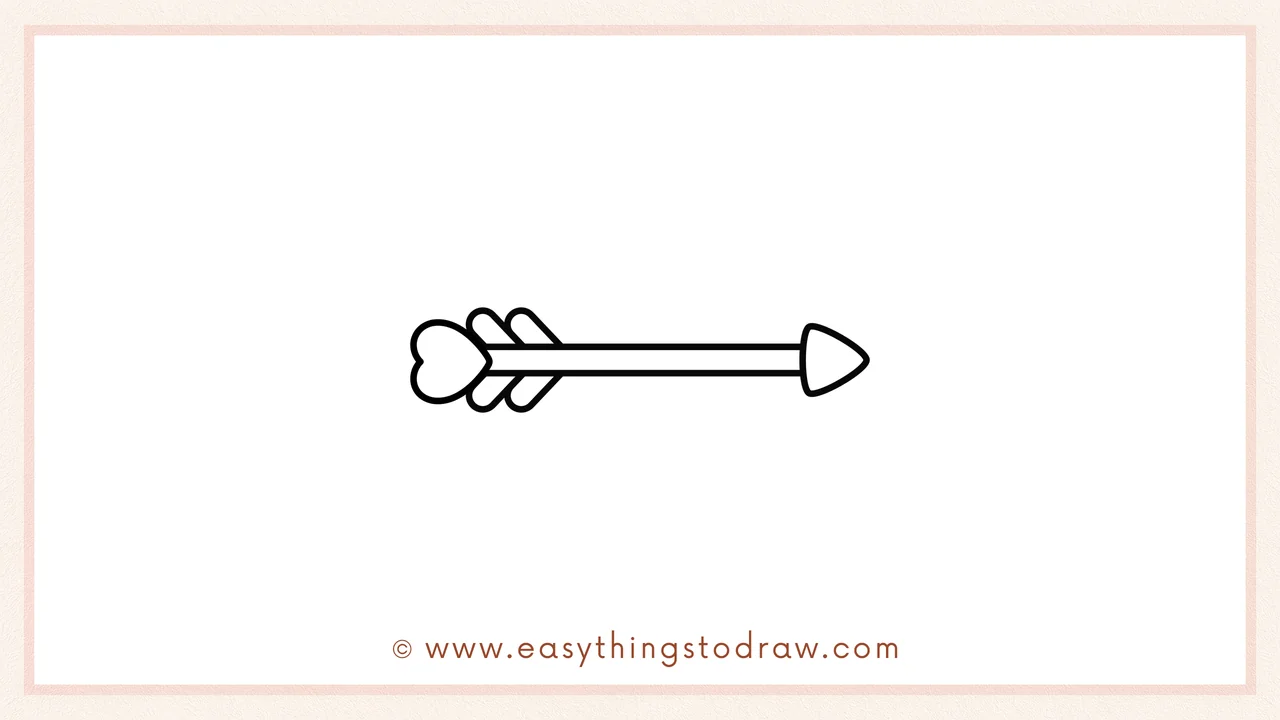 Step 4 of a step-by-step valentines bow and arrow sketch – Adding two more small hearts behind the first one to create fuller tail feathers.