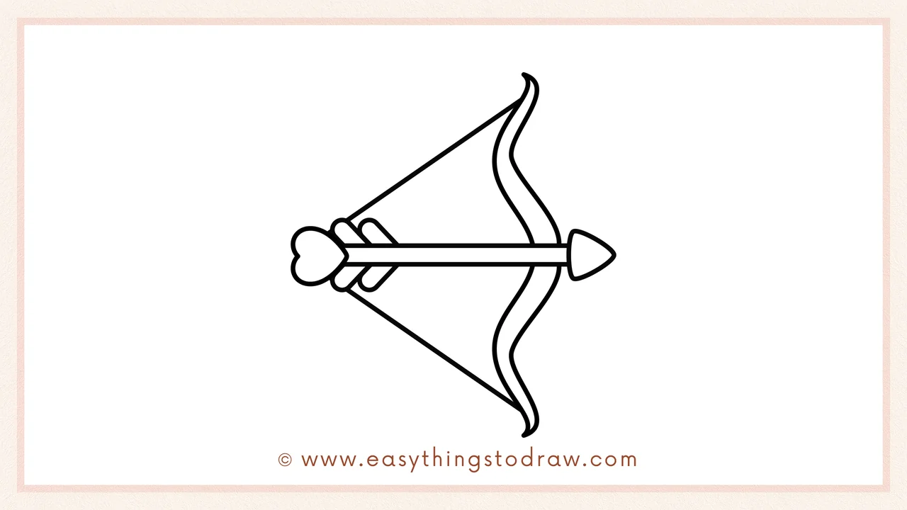 Step 6 of a simple valentines bow and arrow drawing tutorial – Completing the bow with a mirrored curve and connecting the ends with bowstrings.