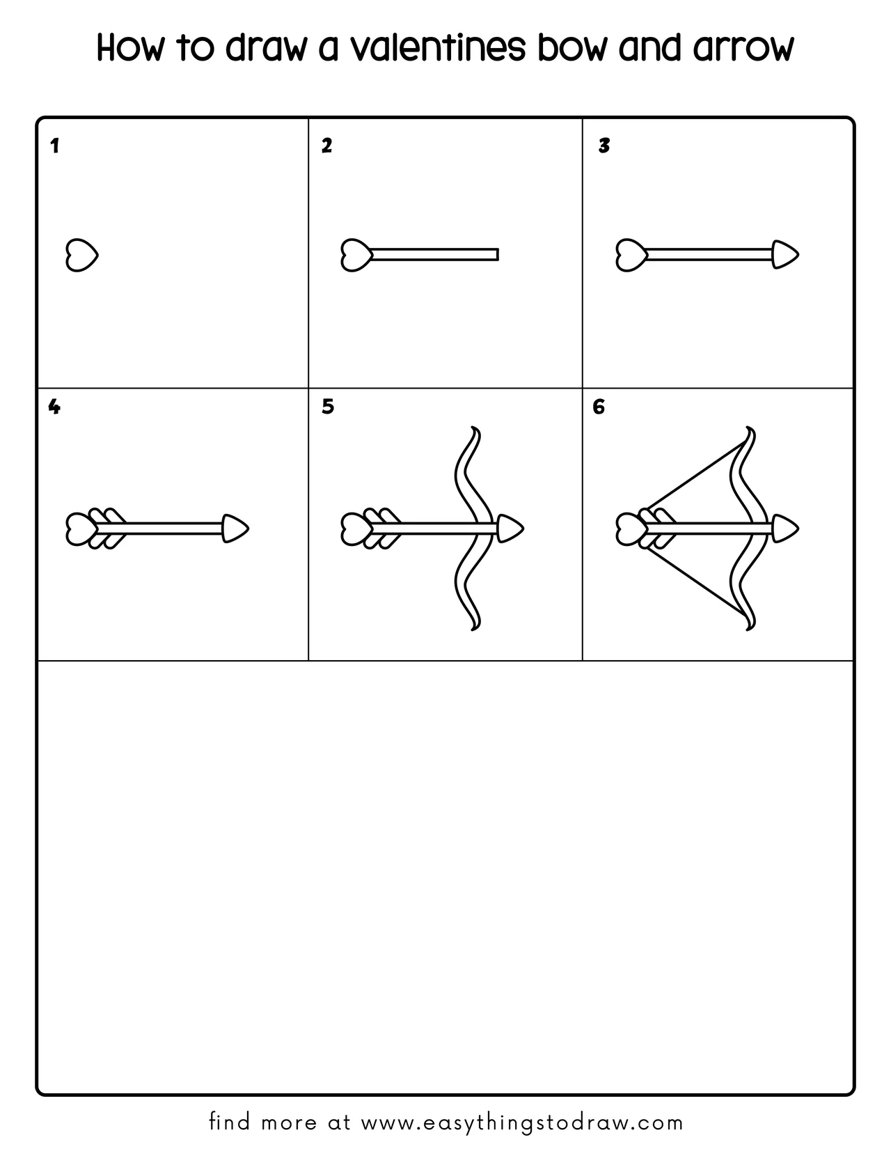 Step-by-step drawing tutorial showing how to draw a cute Valentine's bow and arrow in 6 easy steps for kids and beginners.