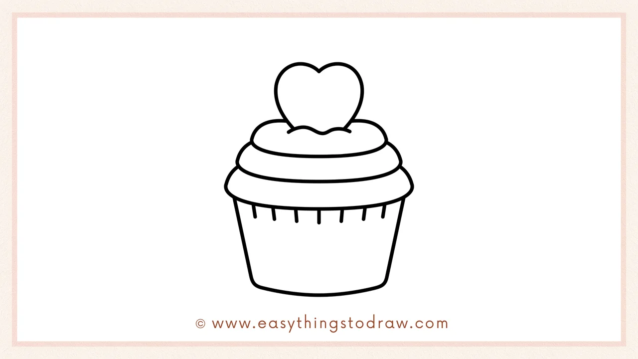 Step 5 of easy valentines cupcake drawing steps – Drawing a trapezoid shape for the wrapper below the frosting and adding vertical lines.