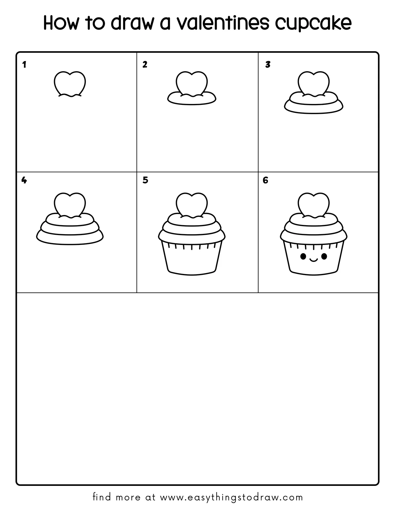 Step-by-step drawing tutorial showing how to draw a cute Valentine's cupcake in 6 easy steps for kids and beginners.
