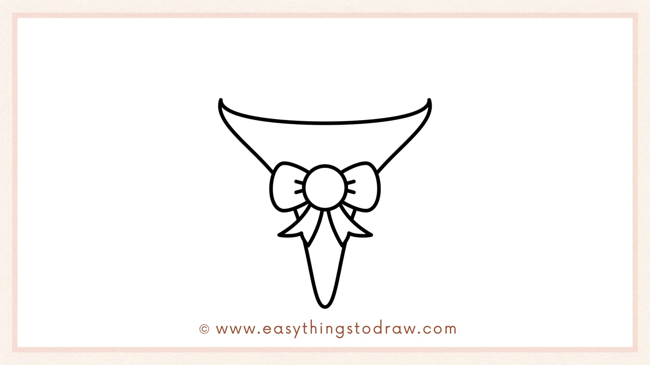 Step 2 of drawing a Valentine’s Day bouquet – adding two diagonal lines and a cone shape below the bow for the wrapping paper.