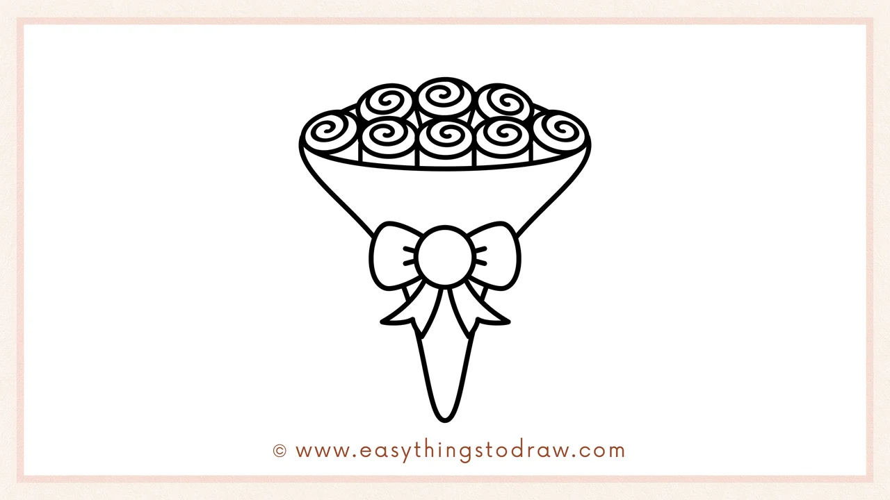 Step 5 of easy Valentine’s Day bouquet drawing steps – drawing a spiral swirl inside each circle to create simple roses.