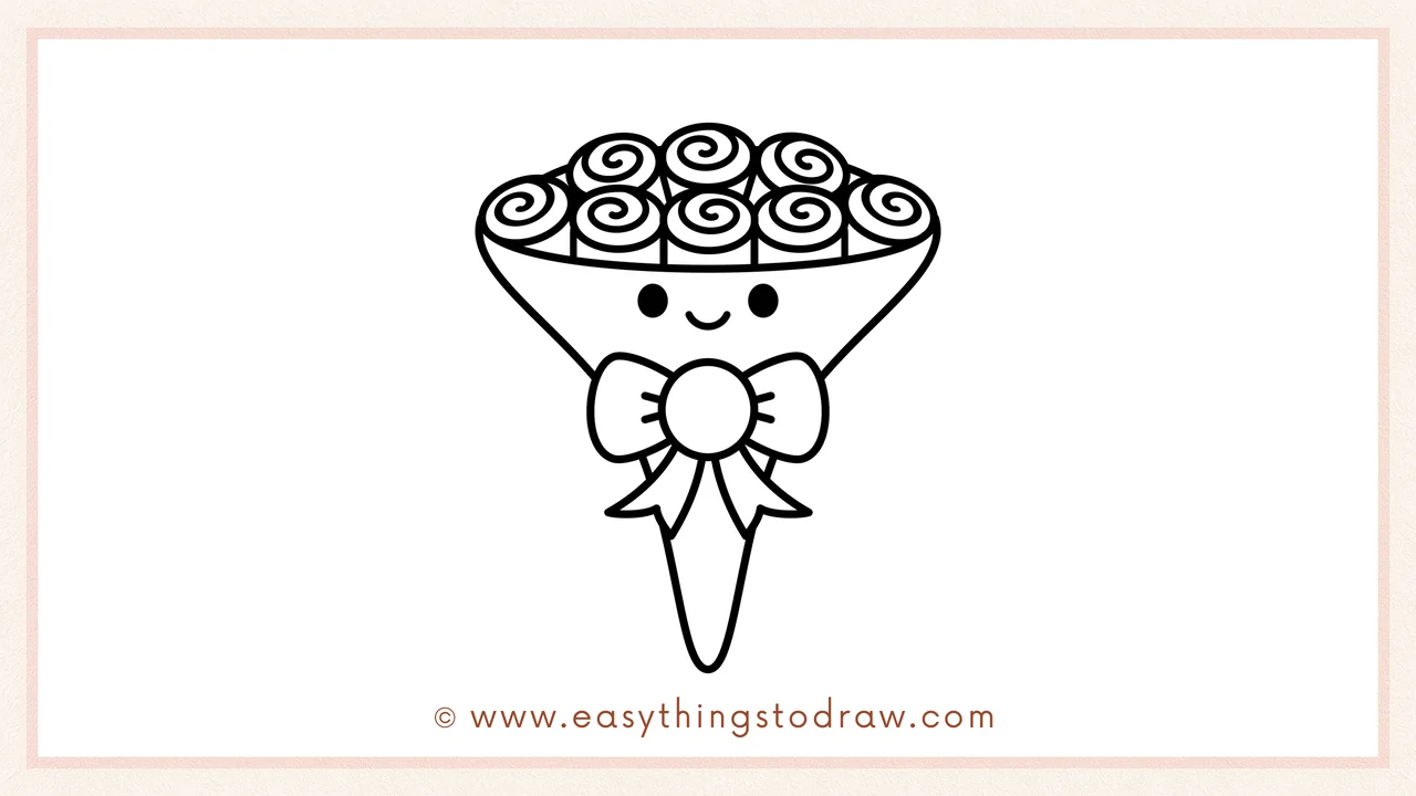 Step 6 of a simple Valentine’s Day bouquet drawing tutorial – adding two dot eyes and a smiling mouth to the wrapping paper.