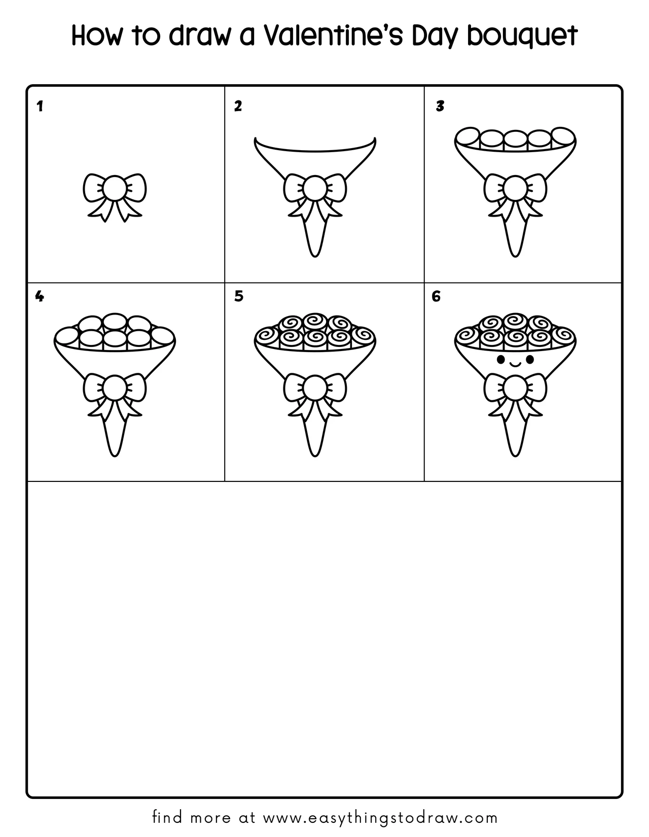 Step-by-step drawing tutorial showing how to draw a cute Valentine’s Day bouquet in 6 easy steps for kids and beginners.