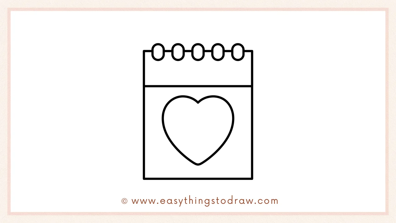 Step 4 of a step-by-step valentines day calendar sketch – Adding a large, centered heart shape inside the calendar page.