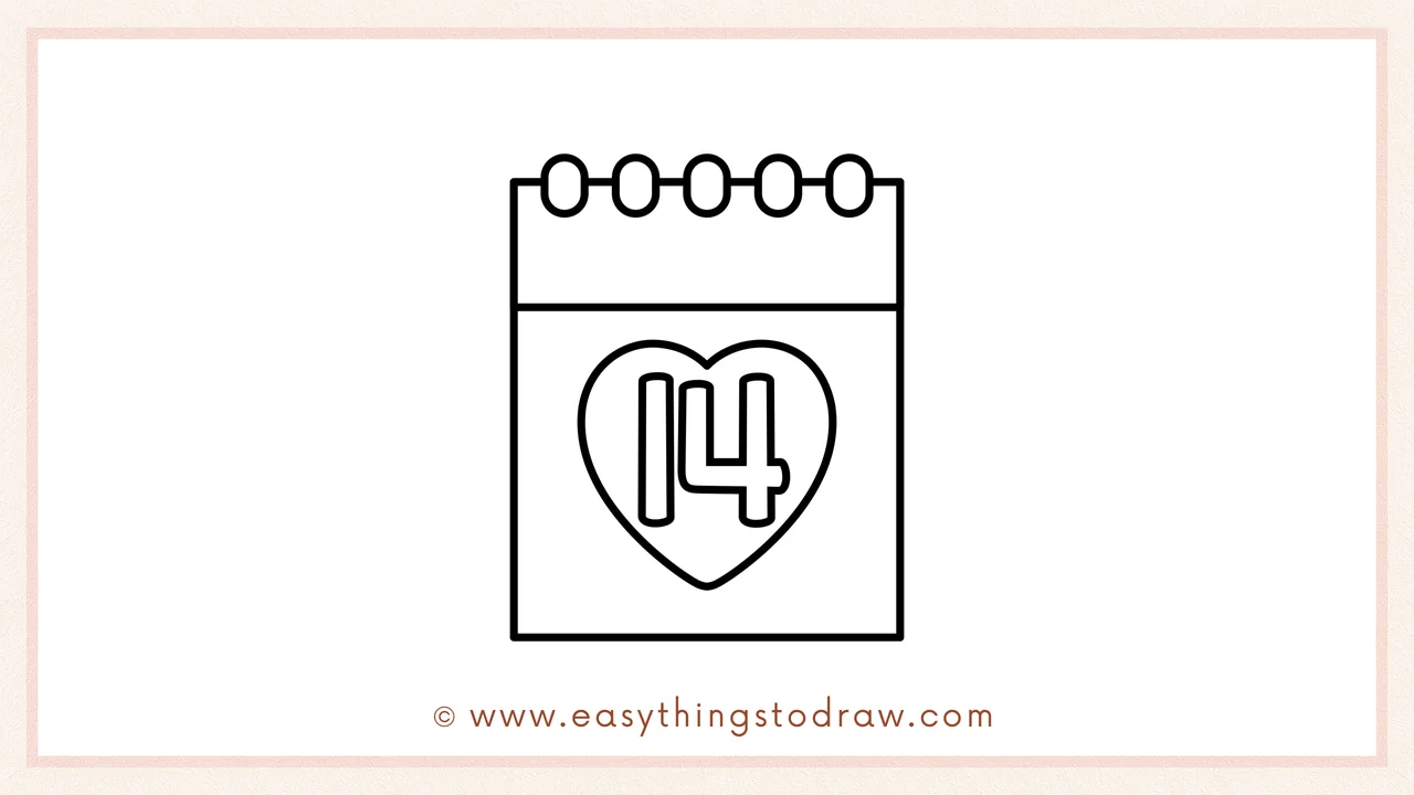 Step 5 of easy valentines day calendar drawing steps – Writing the bold number '14' inside the heart to mark the date.