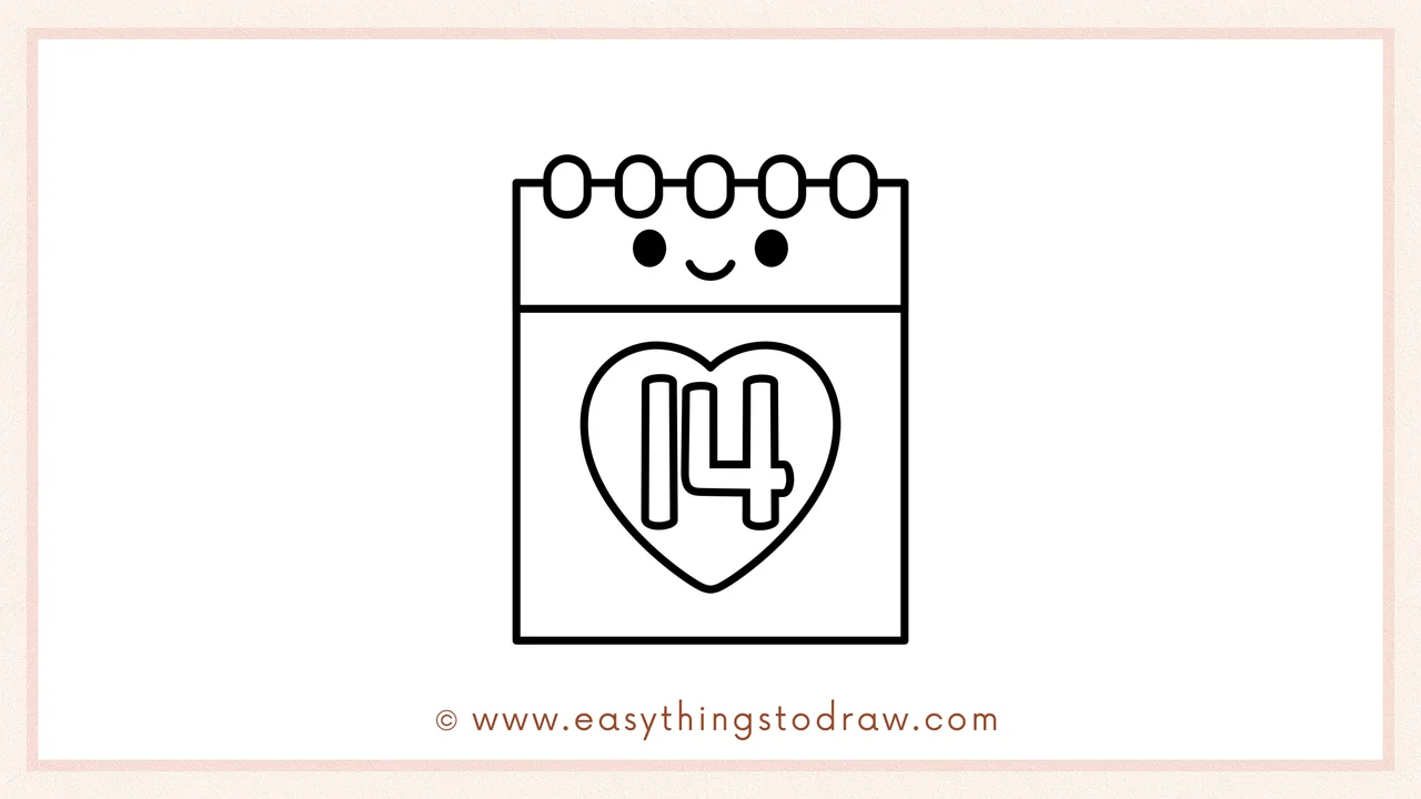 Step 6 of a simple valentines day calendar drawing tutorial – Adding two small round eyes and a smiling mouth to the top section.