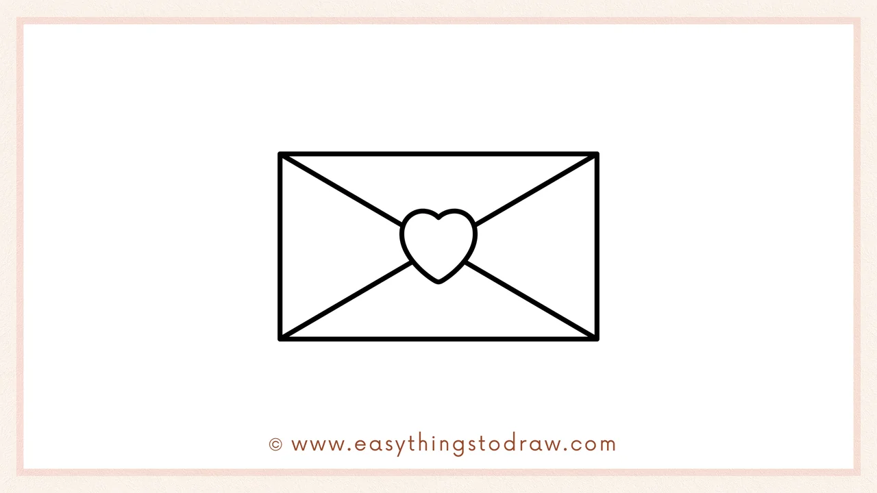 Step 5 of easy Valentine's Day envelope drawing steps – Completing the flap lines so the envelope appears sealed by the heart.