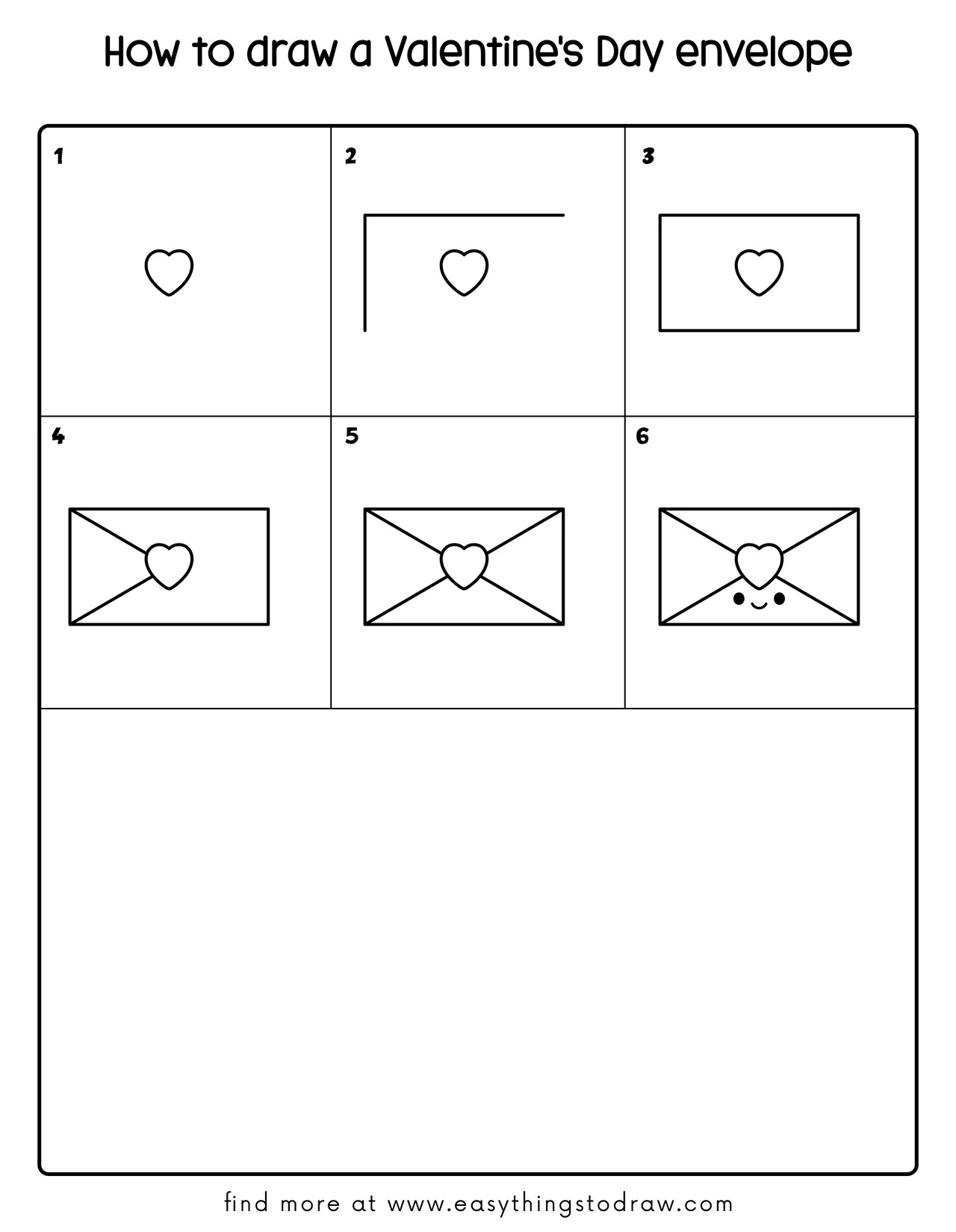 Step-by-step drawing tutorial grid showing how to draw a cute Valentine's Day envelope in 6 easy steps for kids and beginners.