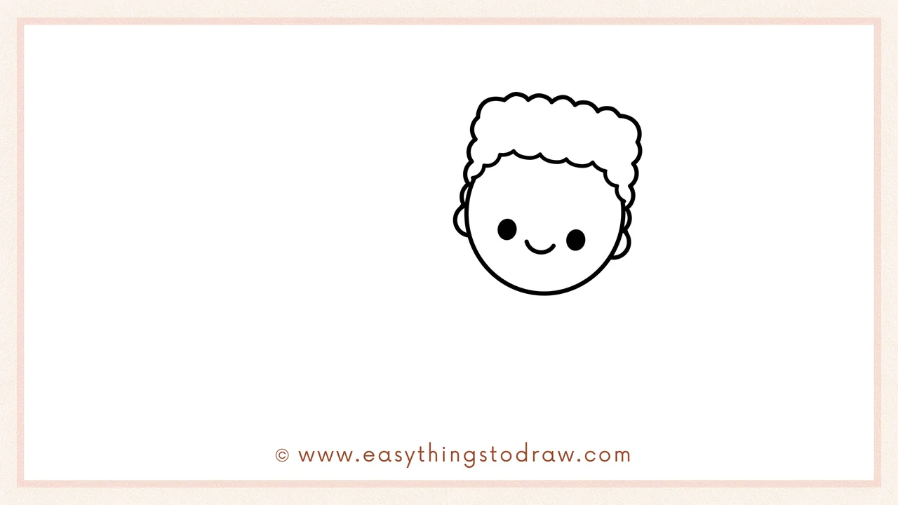Step 1 of how to draw Valentine's Day friends – Drawing a round head with curly hair, dot eyes, and a small smile for the first friend.