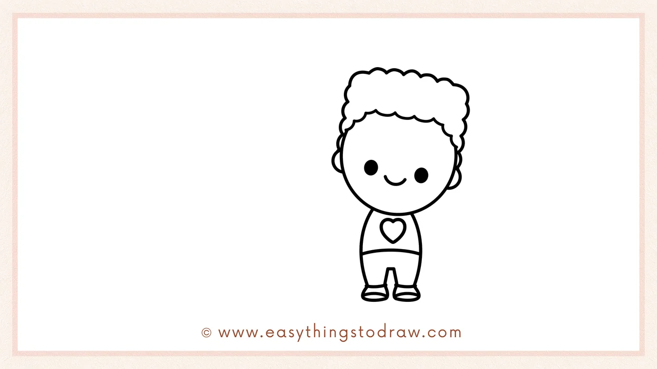 Step 2 of drawing Valentine's Day friends – Sketching a simple body with a heart on the shirt, legs, and shoes underneath the head.